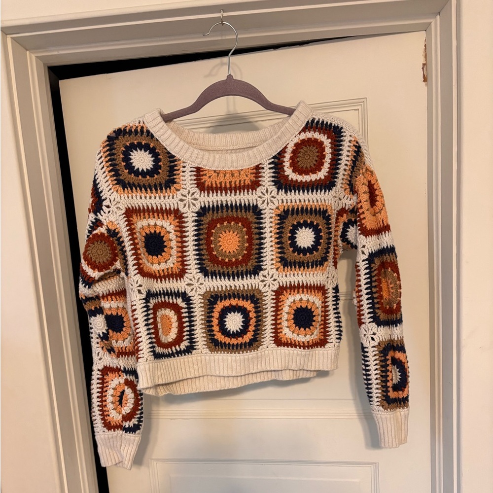 American Eagle Crochet Granny Square Sweater Boho